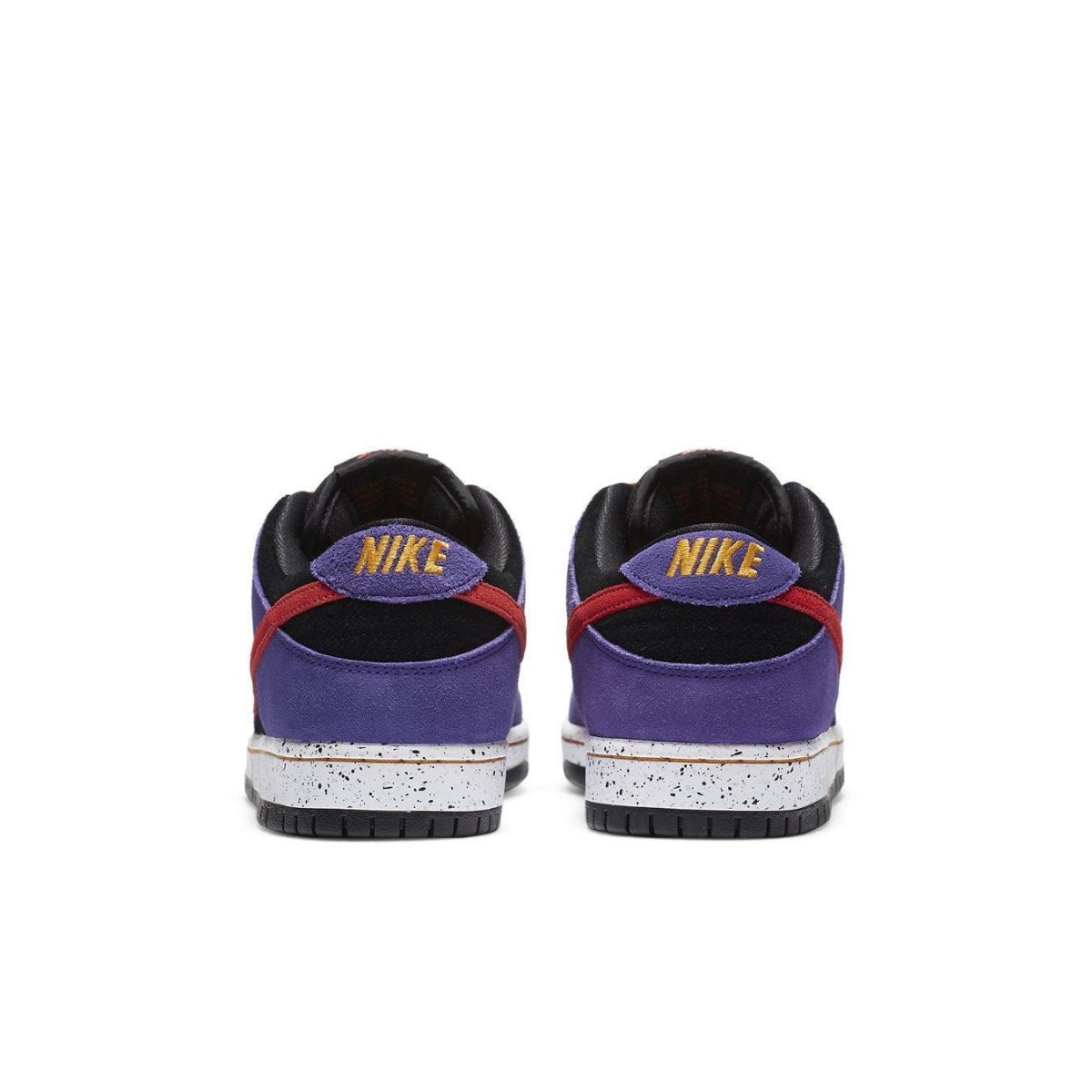 Nike SB Dunk Low ACG Terra sneakers rear view with colorful suede panels and speckled midsole.