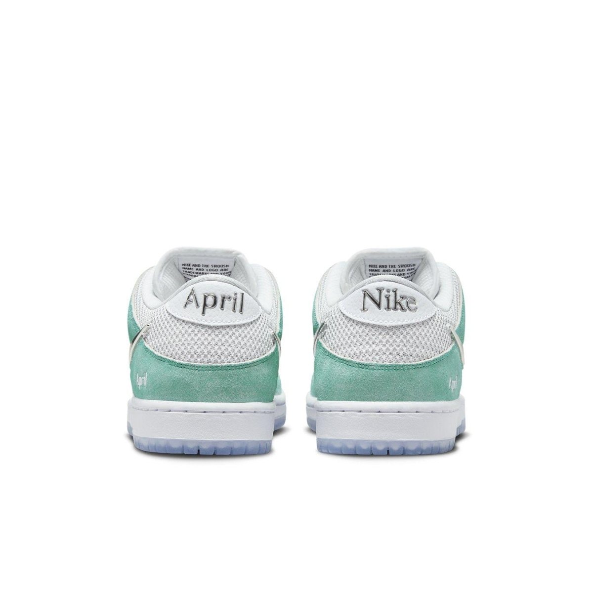 Retro view of Nike SB Dunk Low April Skateboards sneakers featuring 'April' and 'Nike' branding.