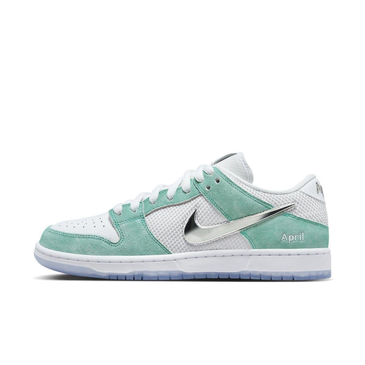 Nike SB Dunk Low April Skateboards in Turbo Green with chrome Swoosh and white mesh upper.