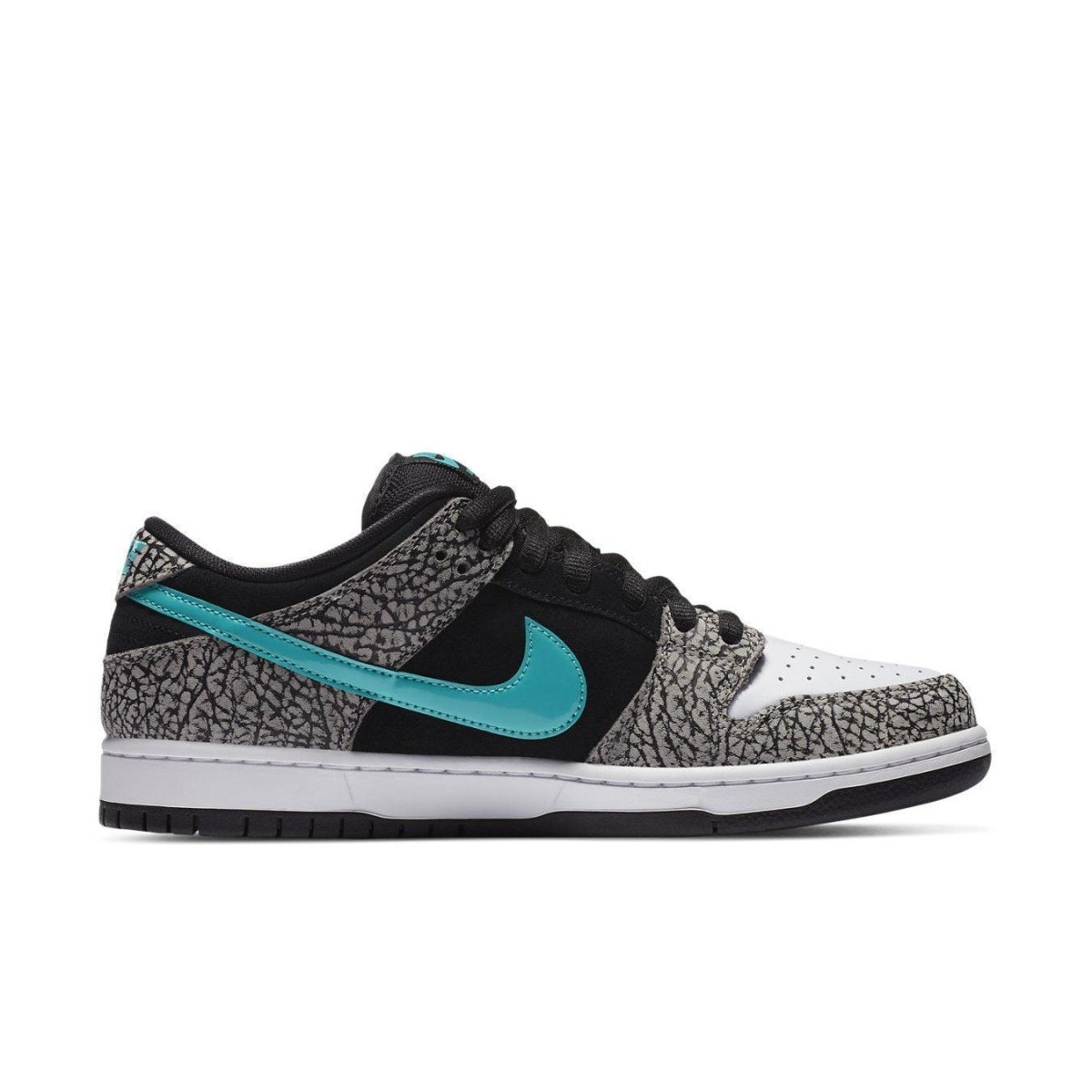 Nike SB Dunk Low atmos Elephant sneaker with elephant print and teal Swoosh, stylish low-top design.