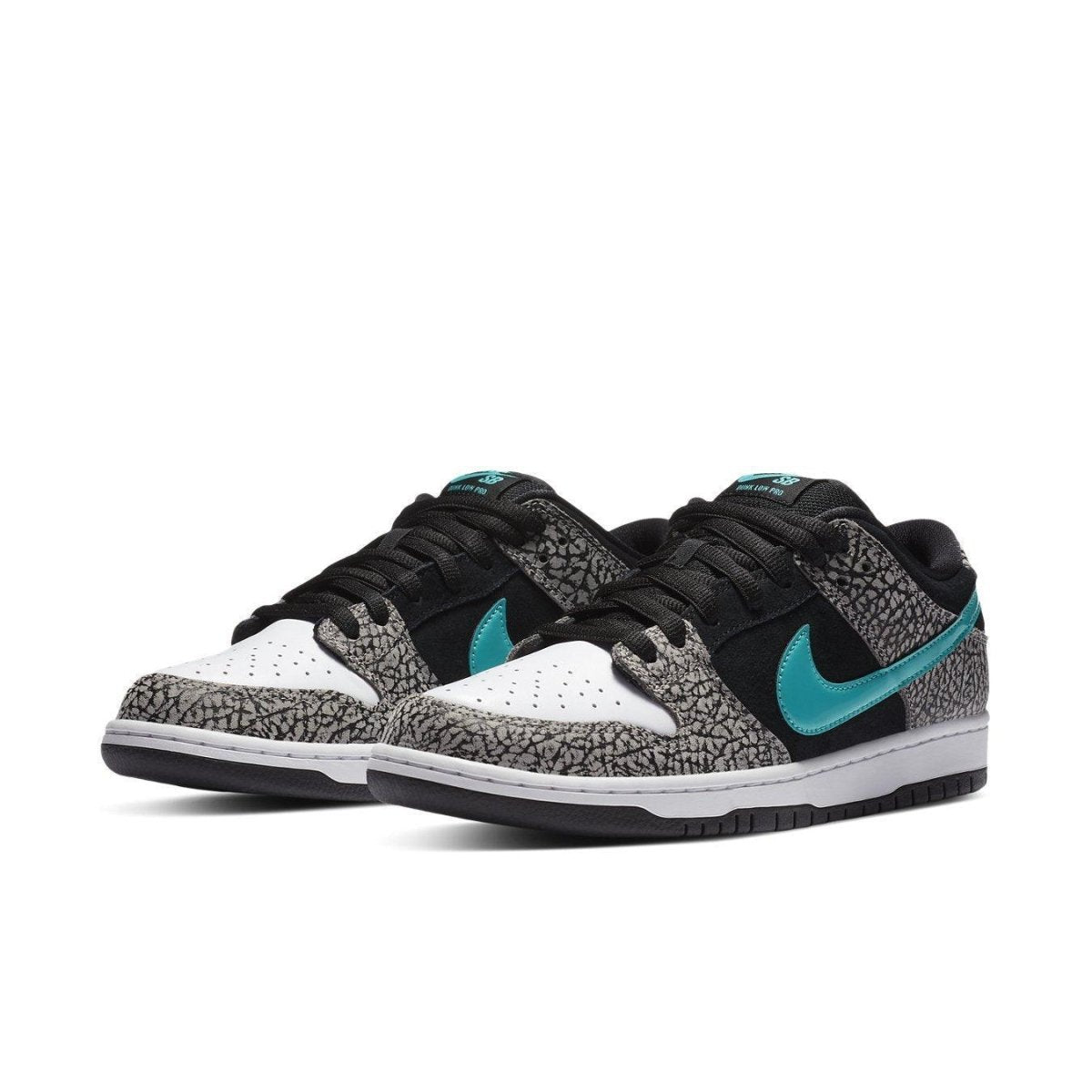 Nike SB Dunk Low atmos Elephant featuring black suede and elephant print overlays.
