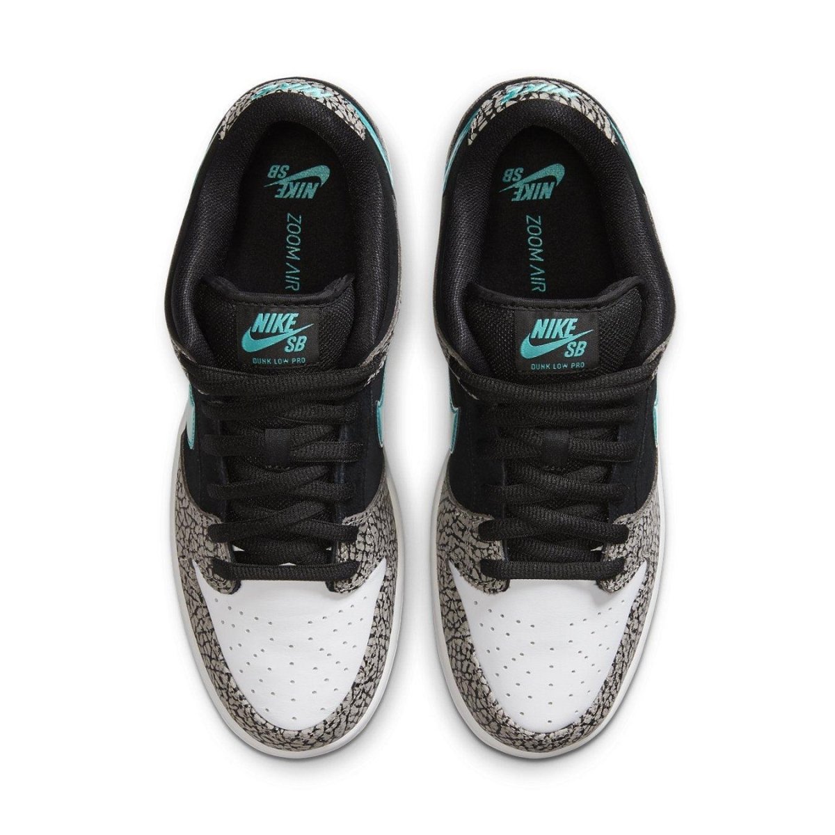 Nike SB Dunk Low atmos Elephant sneaker top view with black, white, and elephant print design.