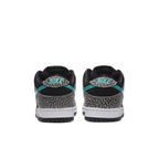 Rear view of Nike SB Dunk Low atmos Elephant sneakers showcasing grey elephant print and teal accents.