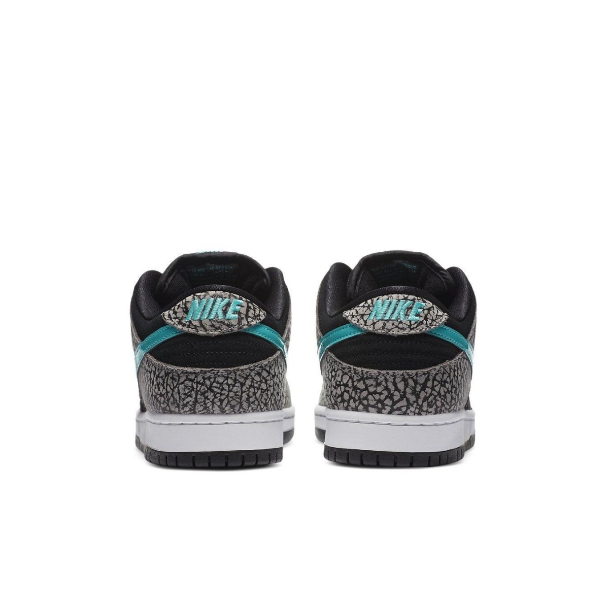 Rear view of Nike SB Dunk Low atmos Elephant sneakers showcasing grey elephant print and teal accents.