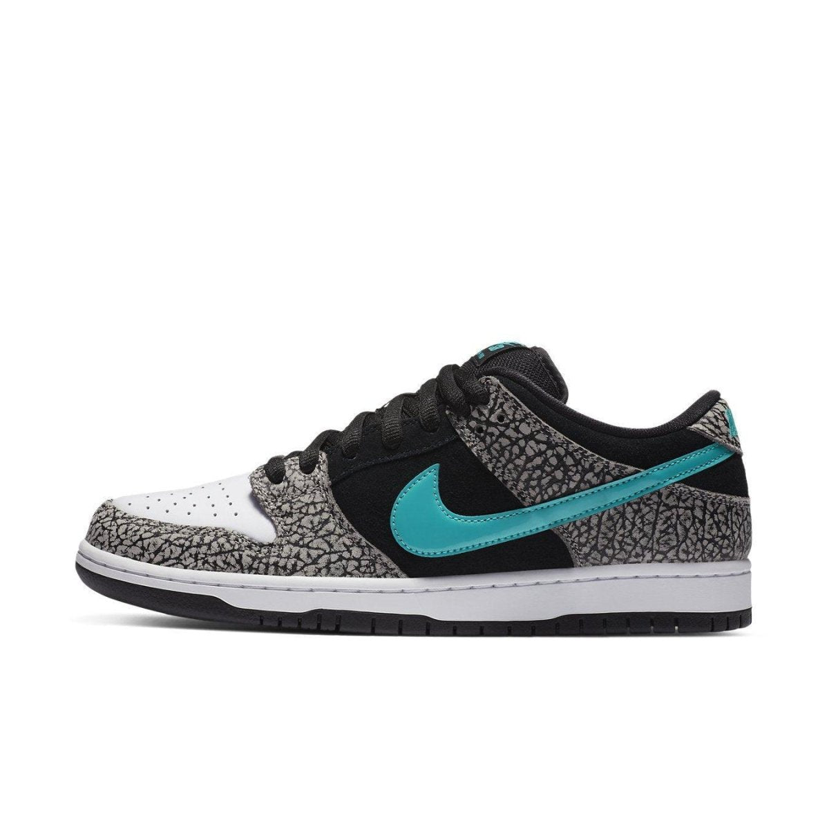 Nike SB Dunk Low atmos Elephant sneaker in black, white, and grey elephant print with teal Swoosh.