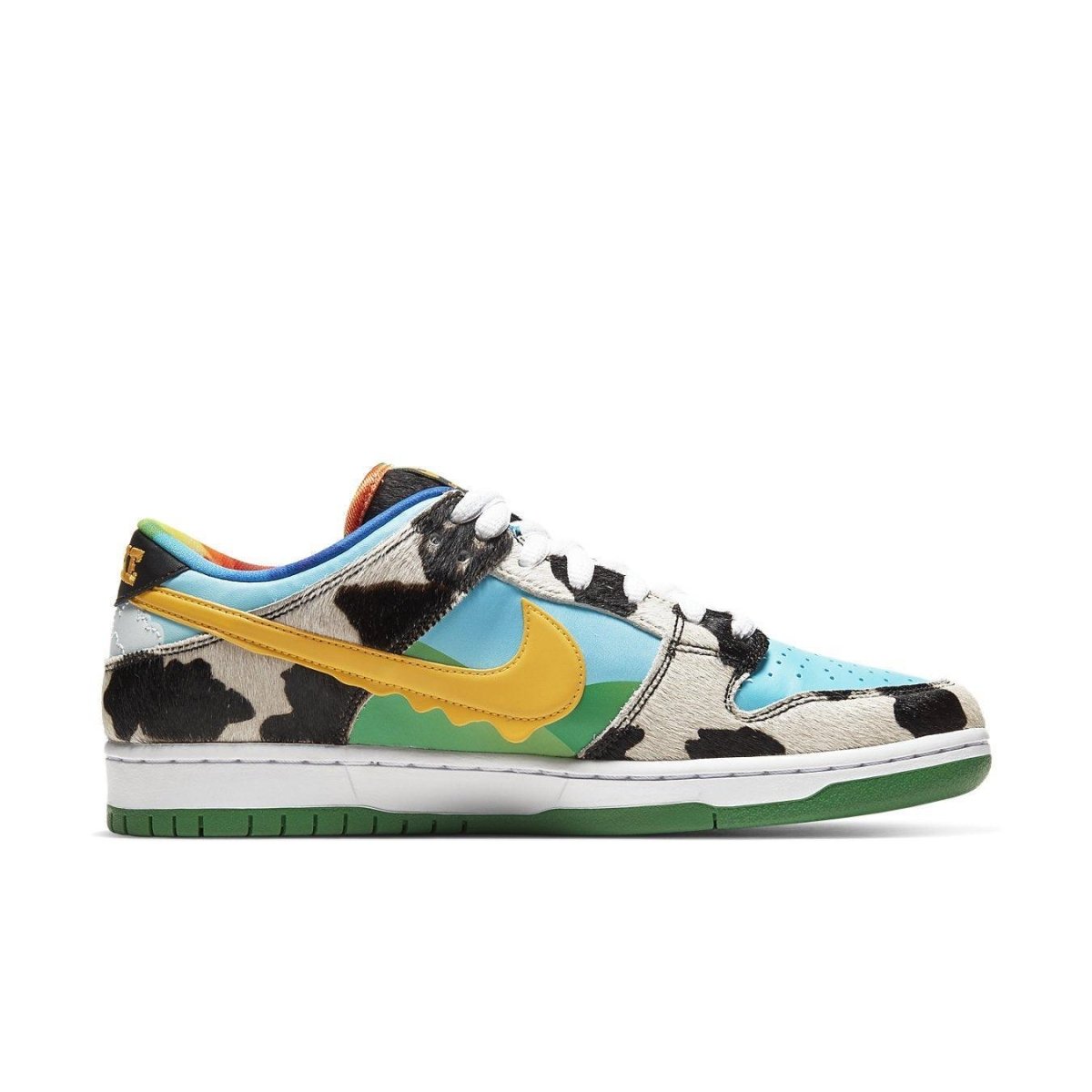 Nike SB Dunk Low Ben & Jerry's Chunky Dunky with cow print and colorful design, inspired by Chunky Monkey ice cream.