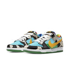 Nike SB Dunk Low Ben & Jerry's Chunky Dunky with blue leather, cow print overlays, and yellow Swoosh, vibrant and playful design.