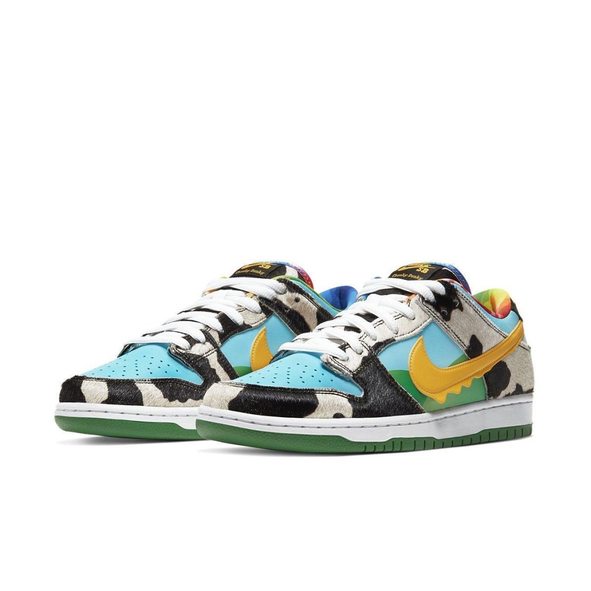 Nike SB Dunk Low Ben & Jerry's Chunky Dunky with blue leather, cow print overlays, and yellow Swoosh, vibrant and playful design.
