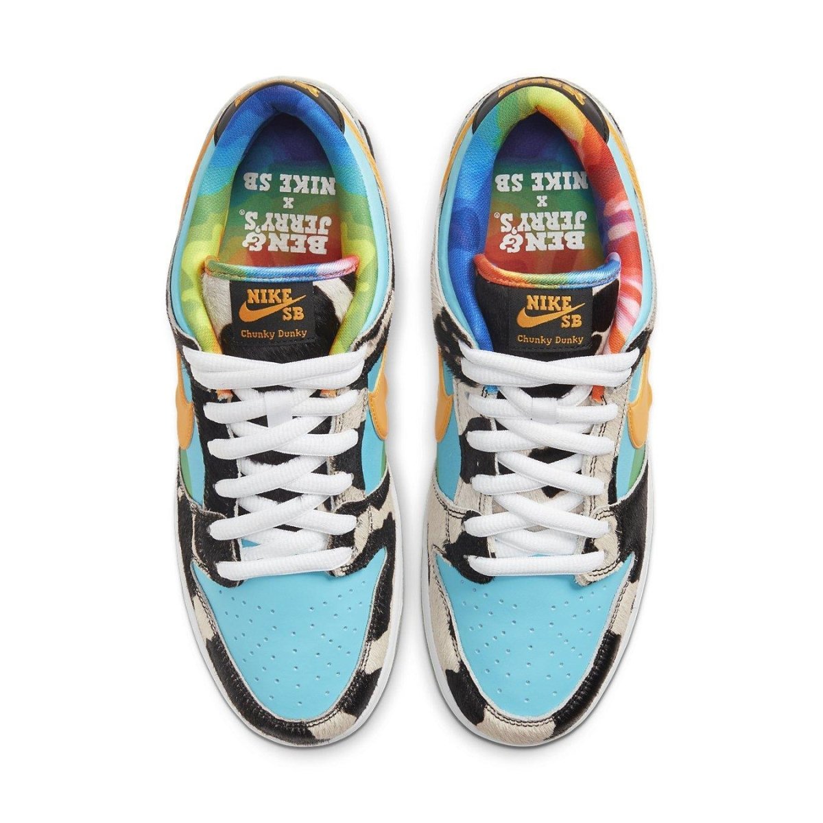 Nike SB Dunk Low Ben & Jerry's Chunky Dunky top view, featuring ice cream-inspired colors and cow print.