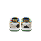 Back view of Nike Dunk Low SB Chunky Dunky featuring cow print, colorful accents, and iconic Nike branding.