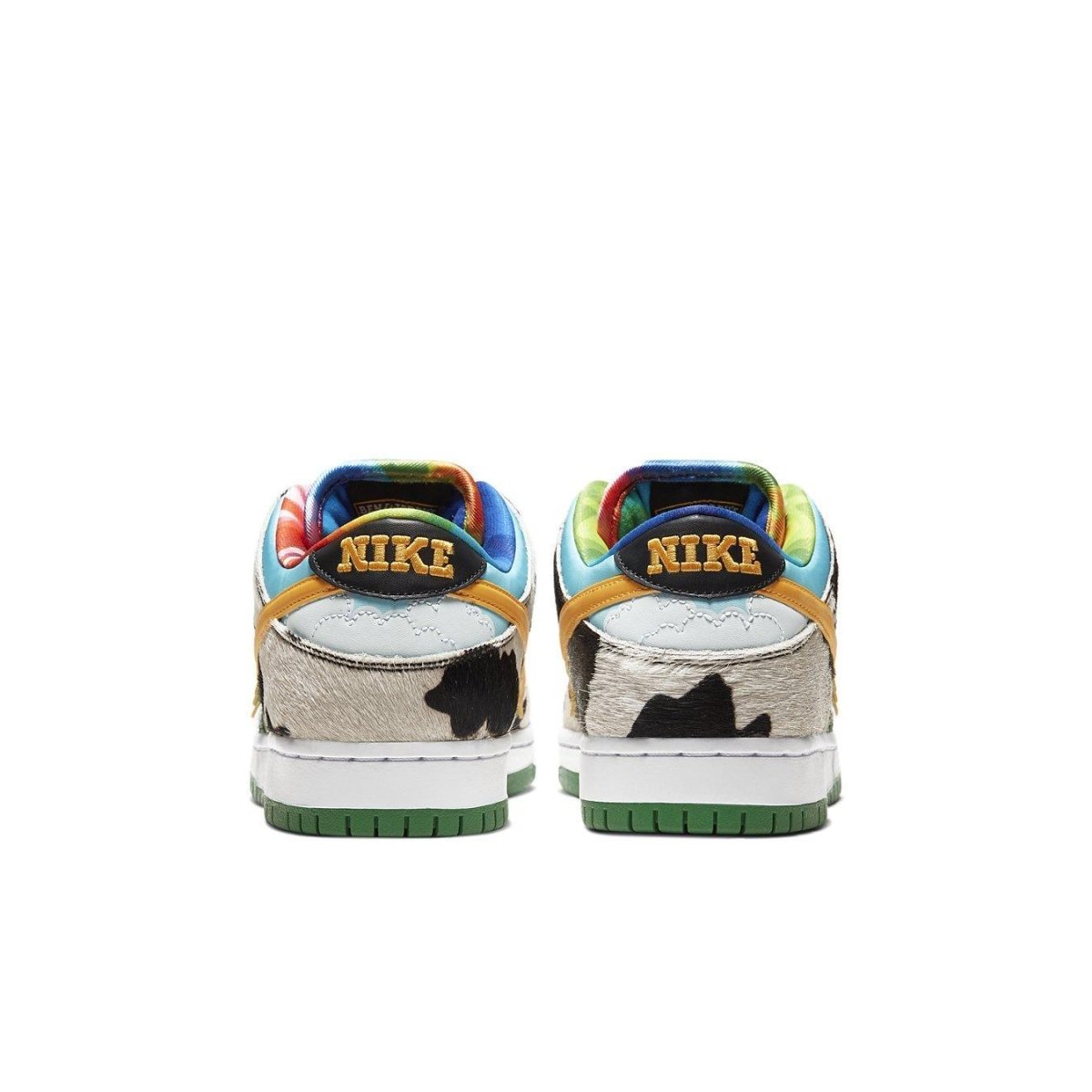 Back view of Nike Dunk Low SB Chunky Dunky featuring cow print, colorful accents, and iconic Nike branding.