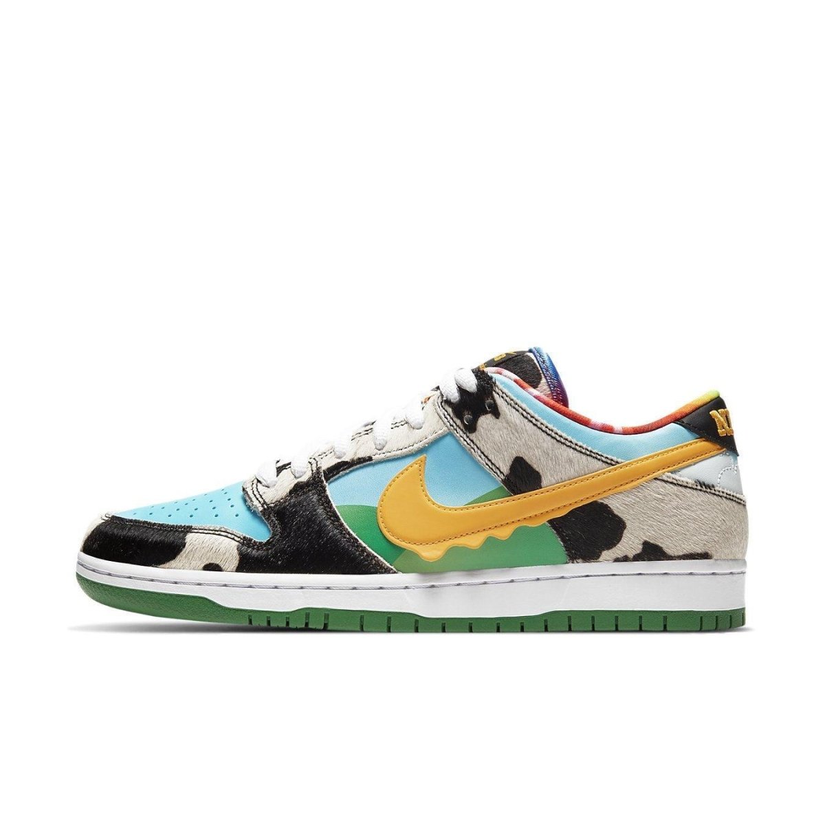 Nike SB Dunk Low "Chunky Dunky" in blue, green, and cow print with yellow Swoosh and melting ice cream design.
