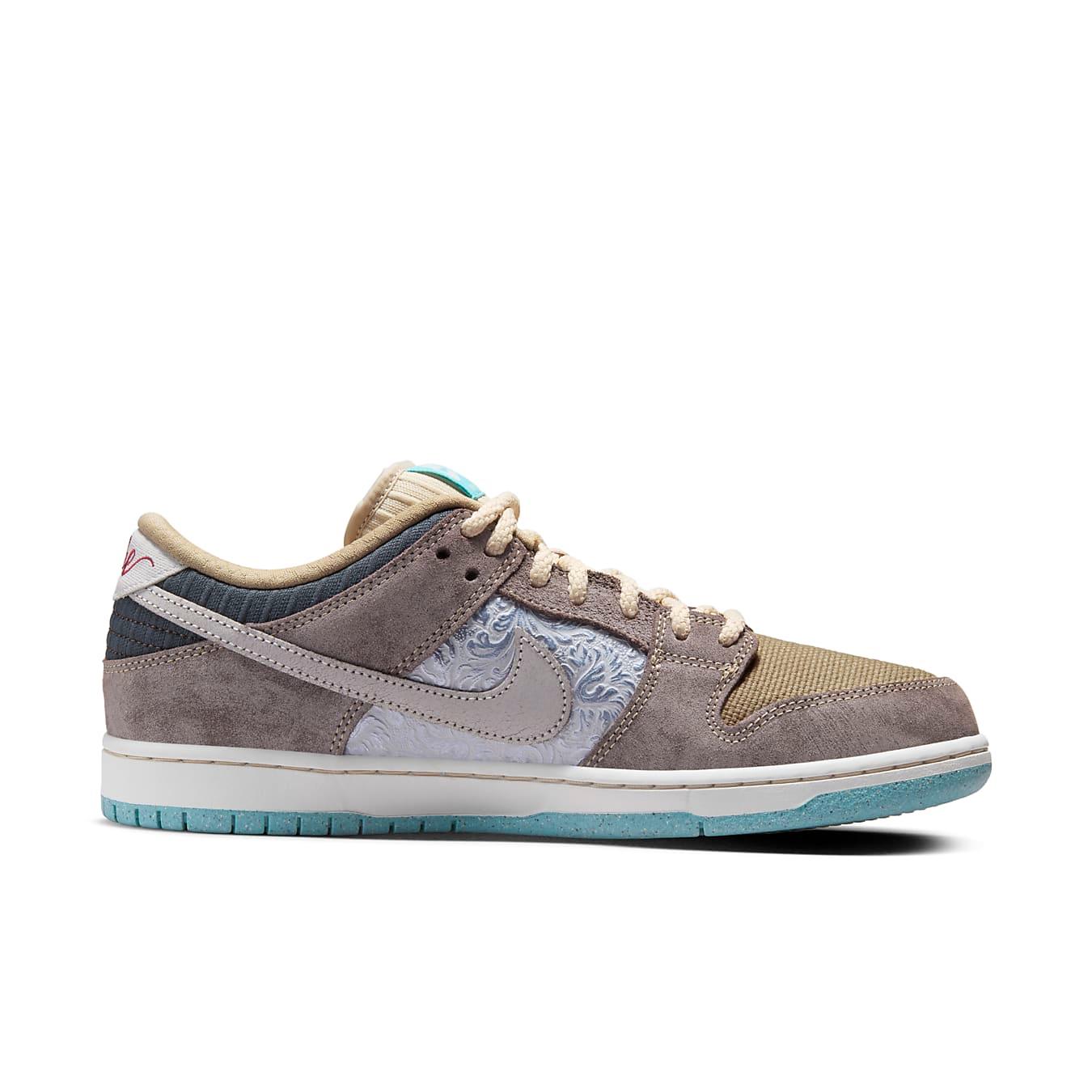 Nike SB Dunk Low Big Money Savings featuring beige canvas, silver brocade, and turquoise accents.