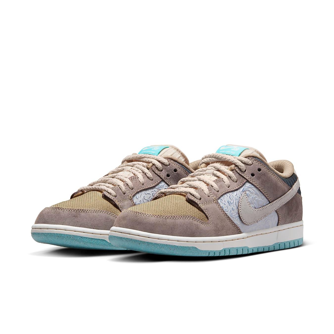 Nike Dunk Low SB 'Big Money Savings' sneakers in beige, silver, and taupe with unique details and mixed materials.