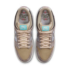 Nike SB Dunk Low Big Money Savings sneakers in mixed materials with beige, silver brocade, and taupe suede accents.