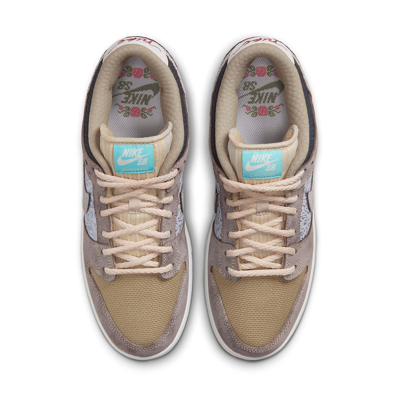 Nike SB Dunk Low Big Money Savings sneakers in mixed materials with beige, silver brocade, and taupe suede accents.