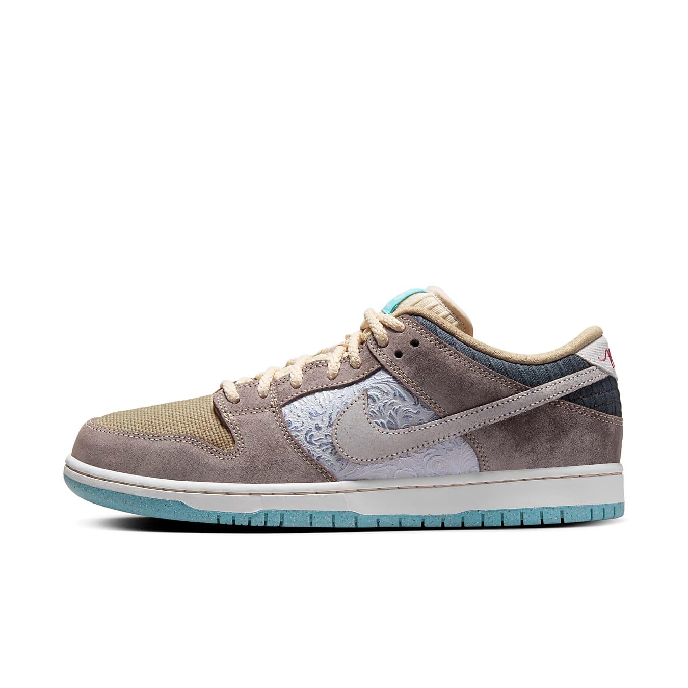 Nike SB Dunk Low Big Money Savings in beige and gray with intricate brocade detailing and leather Swoosh.