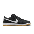 Nike SB Dunk Low Black Gum sneaker featuring a black nubuck upper and white leather Swoosh with a gum rubber outsole.