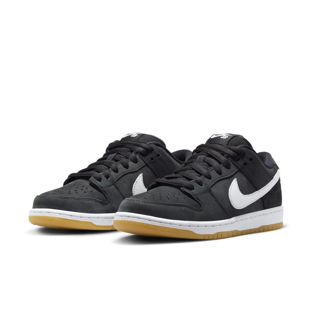 Nike SB Dunk Low Black Gum with black nubuck upper and white Swoosh, featuring gum rubber outsole.