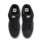 Nike SB Dunk Low Black Gum sneakers featuring a black nubuck upper and white Swooshes, viewed from above.