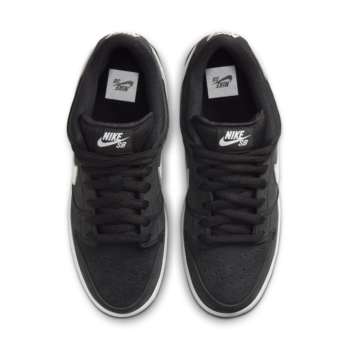 Nike SB Dunk Low Black Gum sneakers featuring a black nubuck upper and white Swooshes, viewed from above.