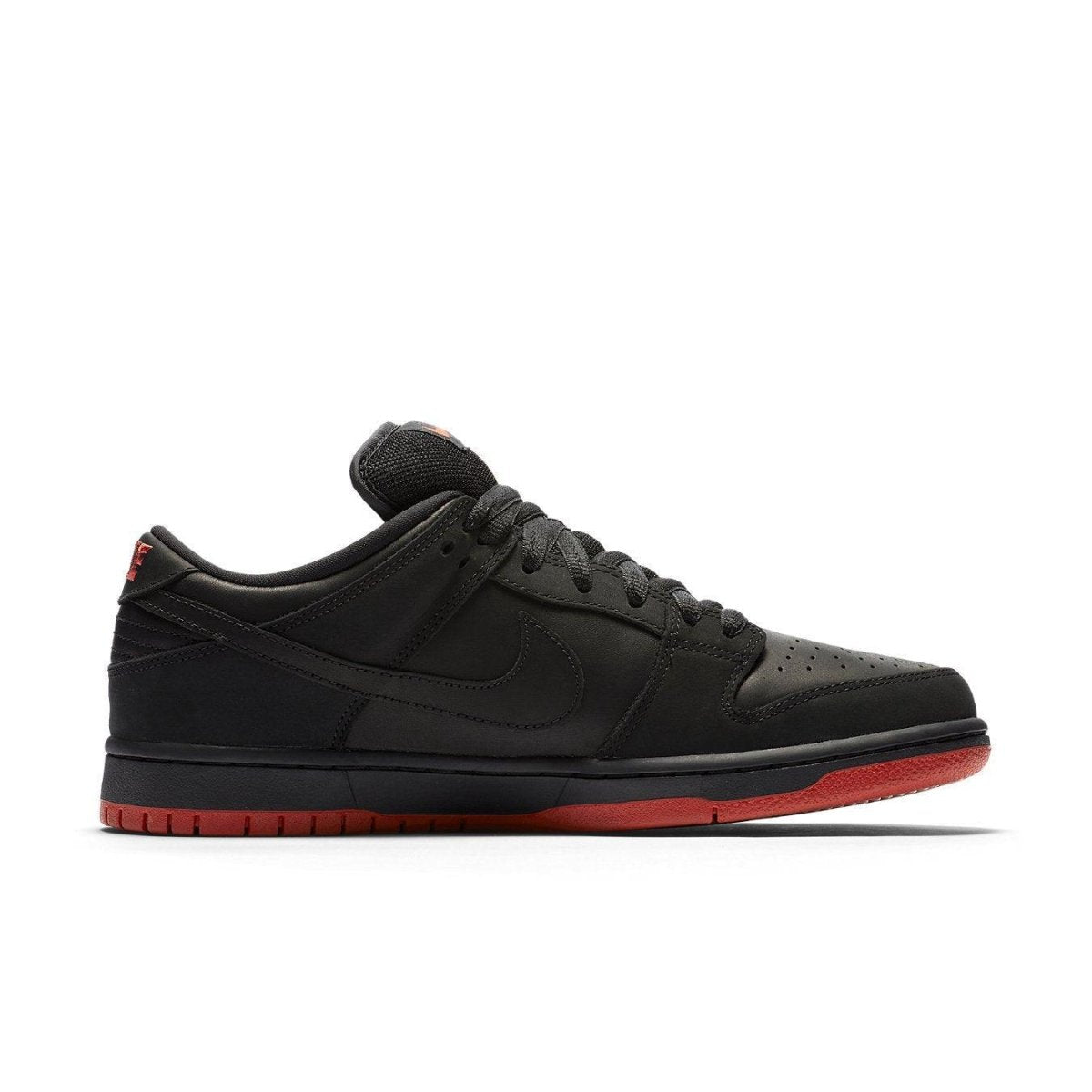 Nike SB Dunk Low Black Pigeon sneaker profile view with black upper and red sole.