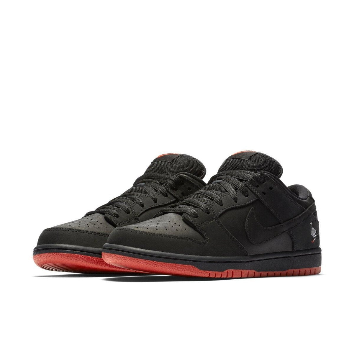 Nike SB Dunk Low Black Pigeon sneaker in black with red sole, inspired by NYC's pigeon culture.