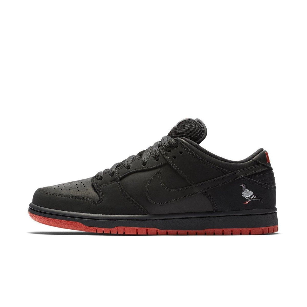 Nike SB Dunk Low Black Pigeon sneakers featuring a sleek black design with red accents and iconic pigeon logo.