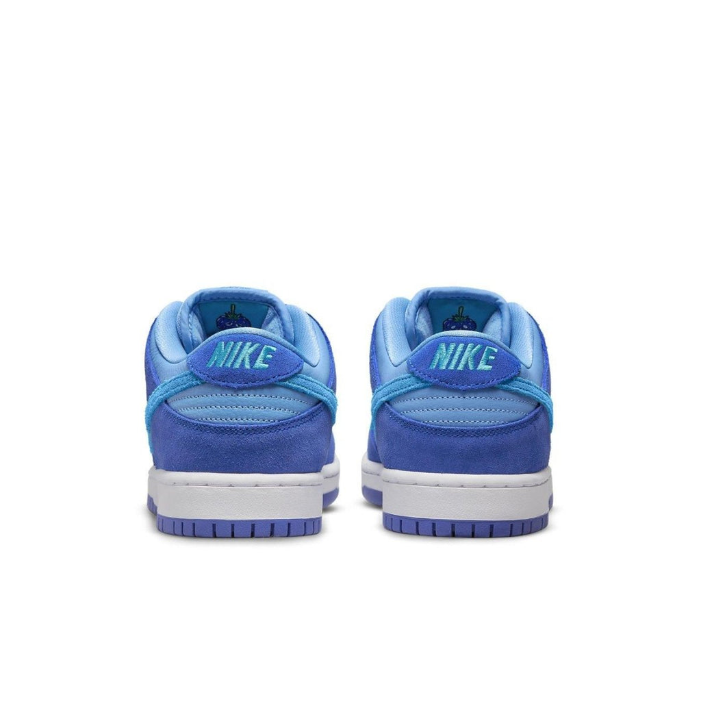 Nike SB Dunk Low Blue Raspberry rear view showcasing blue and teal colorway and branding details.