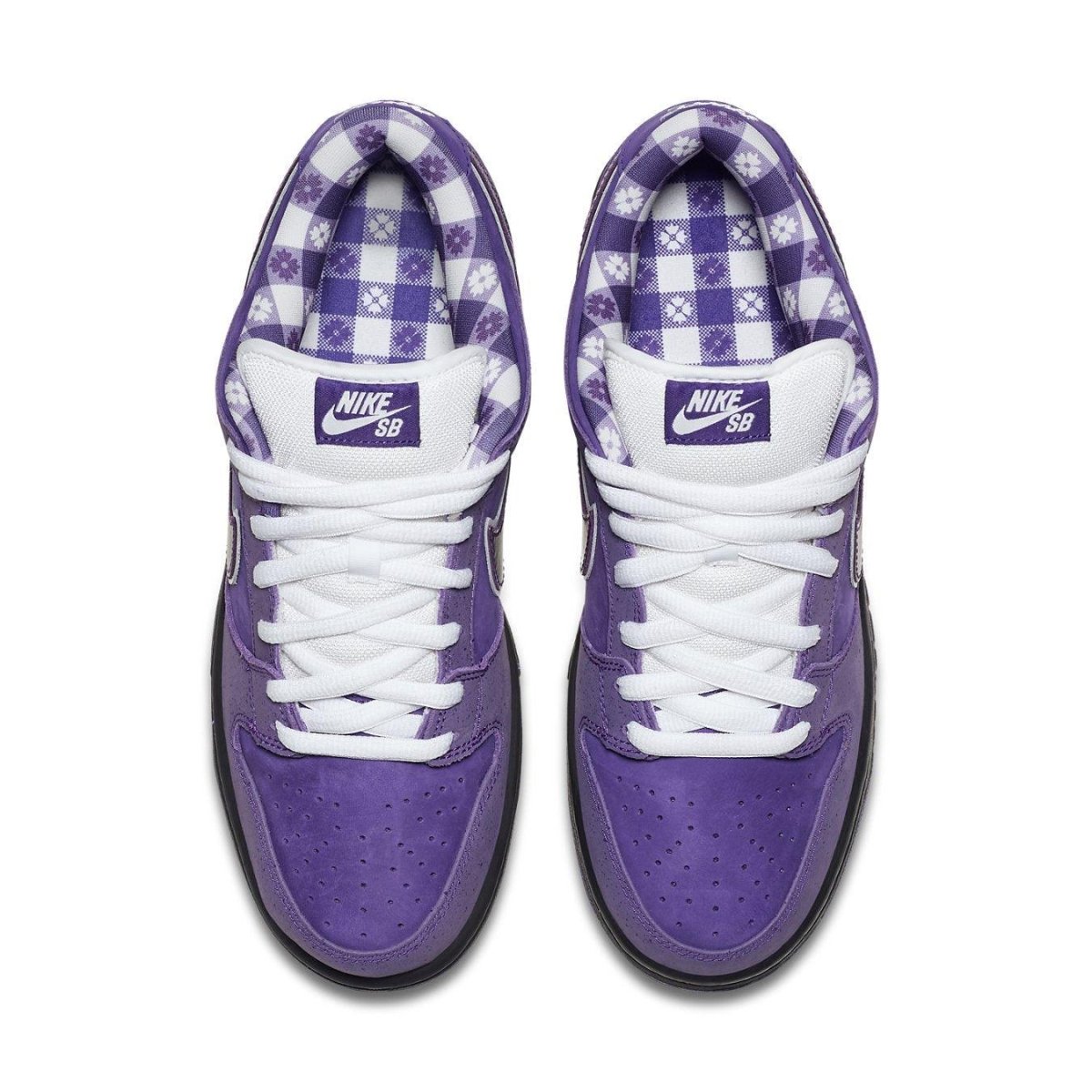Nike SB Dunk Low Concepts 'Purple Lobster' sneakers with purple leather upper and checkered lining.