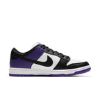 Nike SB Dunk Low Court Purple sneaker in black, white, and court purple colorway, featuring a stylish low-top design.