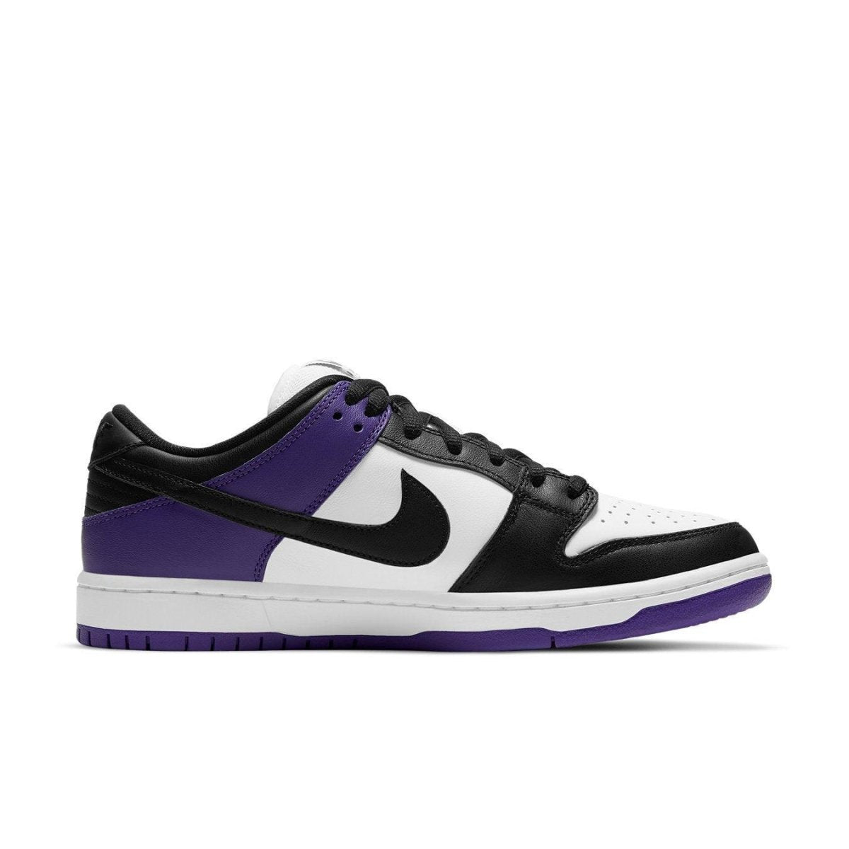Nike SB Dunk Low Court Purple sneaker in black, white, and court purple colorway, featuring a stylish low-top design.
