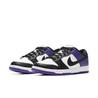 Nike SB Dunk Low Court Purple sneakers in black and white with purple accents, perfect for skateboarding and casual wear.