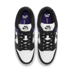 Nike SB Dunk Low Court Purple sneakers in black, white, and purple with Zoom Air cushioning and padded tongue.
