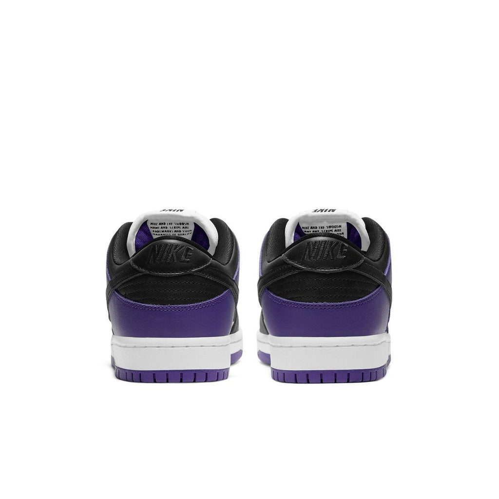 Nike SB Dunk Low Court Purple rear view showcasing black and purple design with a cushioned heel.