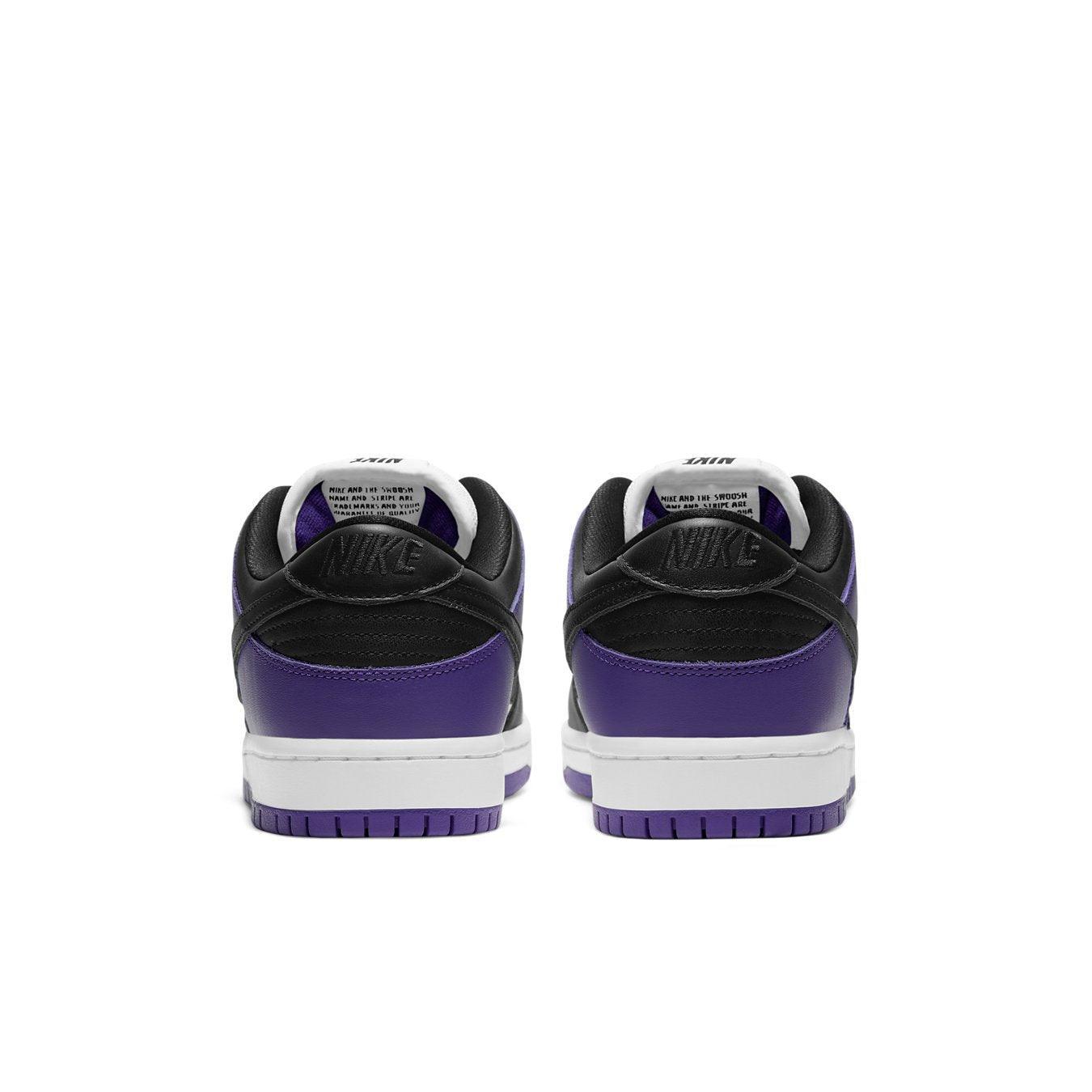 Nike SB Dunk Low Court Purple rear view showcasing black and purple design with a cushioned heel.