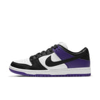 Nike SB Dunk Low Court Purple sneaker in black, white, and purple with padded tongue and Zoom Air unit.