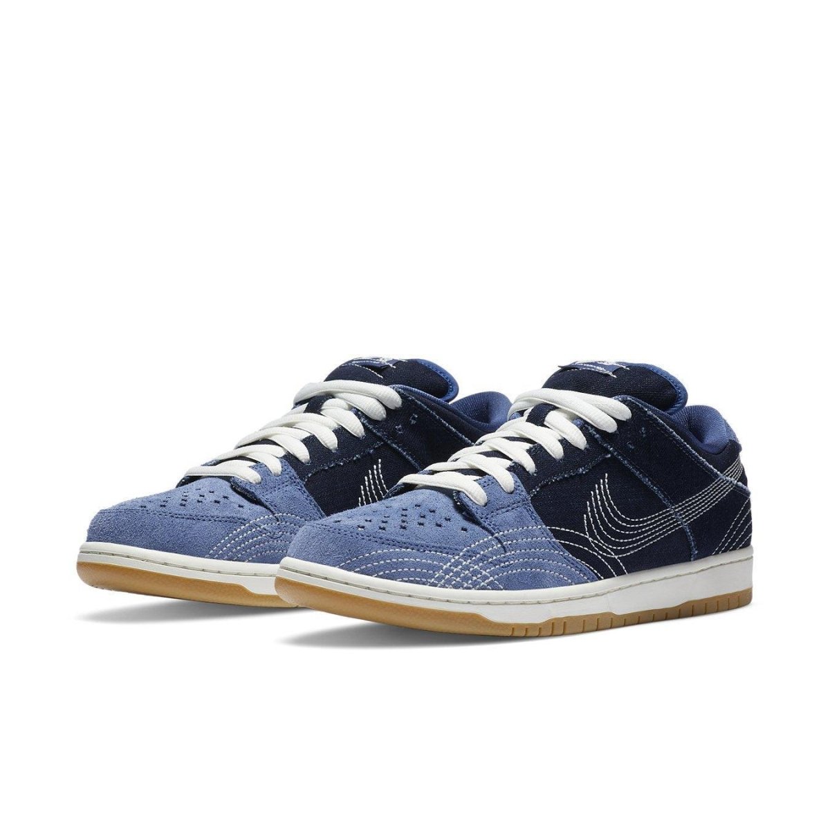 Nike SB Dunk Low Denim Sashiko sneakers featuring premium denim and intricate Swoosh embroidery.