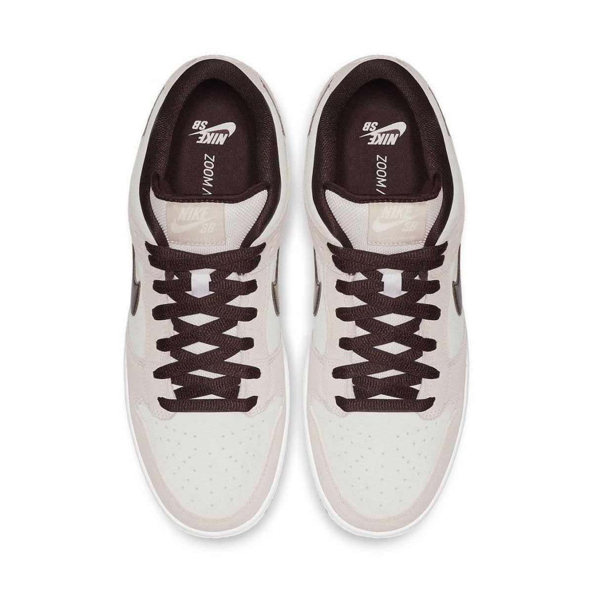 Nike SB Dunk Low Desert Sand Mahogany top view showing brown laces and Zoom Air cushioning for skate comfort.