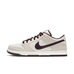 Nike SB Dunk Low Pro in Desert Sand and Mahogany, featuring Zoom Air cushioning for skate comfort.