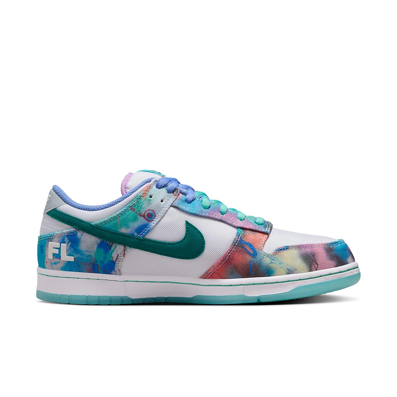 Nike SB Dunk Low Futura Laboratories in Bleached Aqua with multicolor overlays and teal Swoosh design.