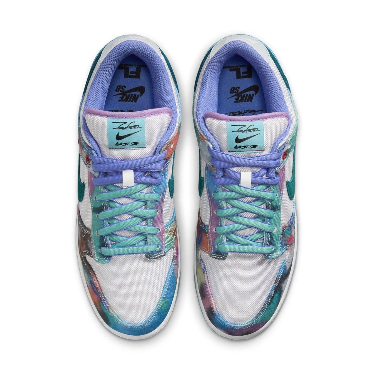 Nike SB Dunk Low Futura Laboratories Bleached Aqua top view featuring multicolor abstract design and teal details.