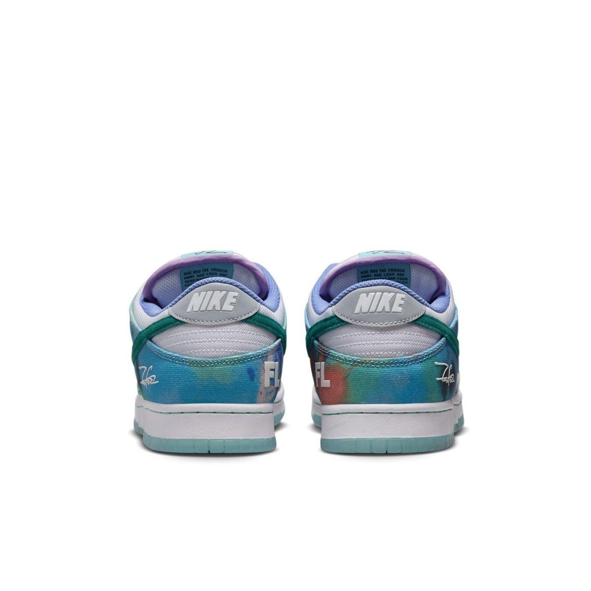 Nike SB Dunk Low Futura Laboratories Bleached Aqua rear view featuring co-branded logo and abstract design.