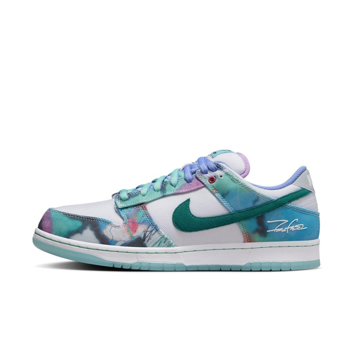 Nike SB Dunk Low Futura Laboratories Bleached Aqua with teal Swoosh and multicolor abstract design.