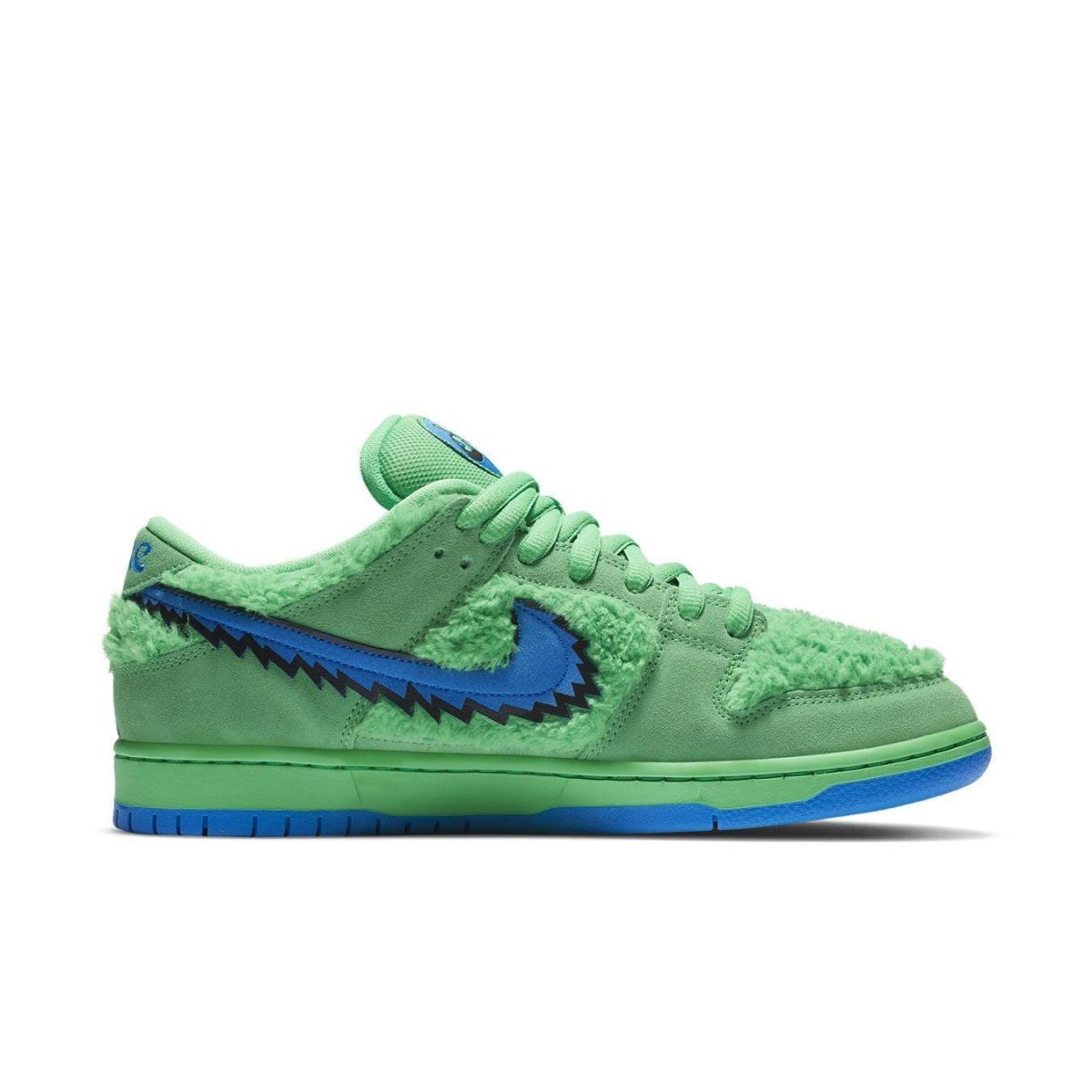 Nike SB Dunk Low Grateful Dead Bears Green sneaker with green hairy upper and blue Swoosh design.