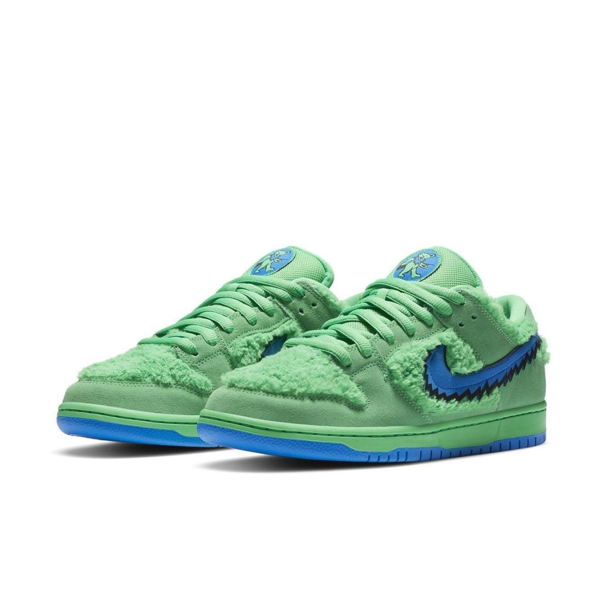 Nike SB Dunk Low Grateful Dead Bears Green sneakers with fuzzy green upper and blue accents.