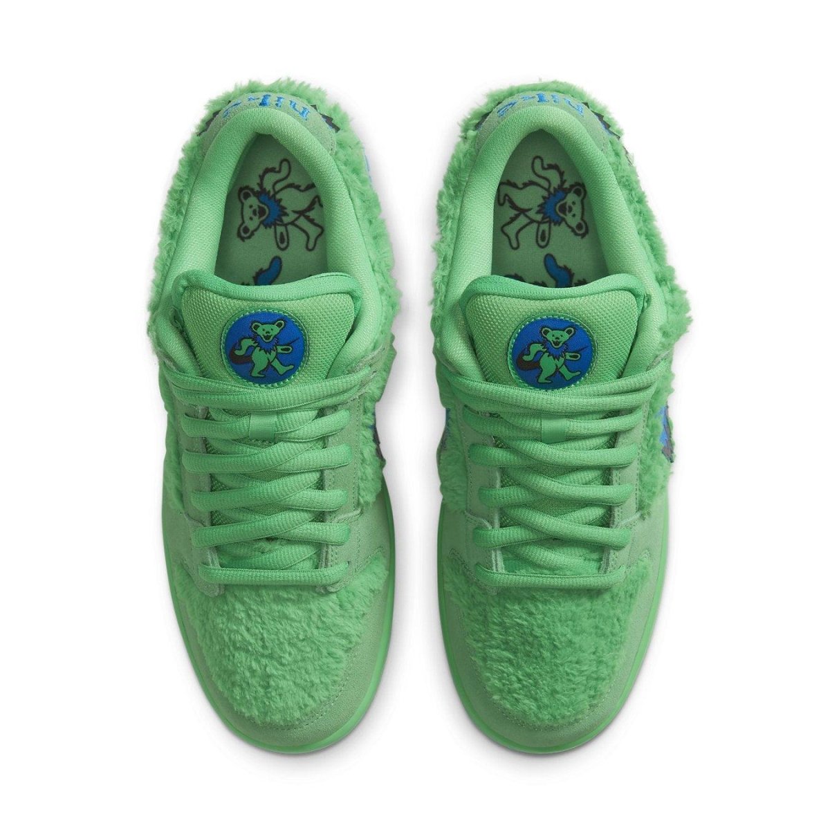 Nike SB Dunk Low Grateful Dead Bears Green sneaker with furry green upper and playful bear design on tongue.