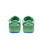 Nike SB Dunk Low Grateful Dead Bears Green sneakers, featuring fuzzy green upper and blue accents on the heel.