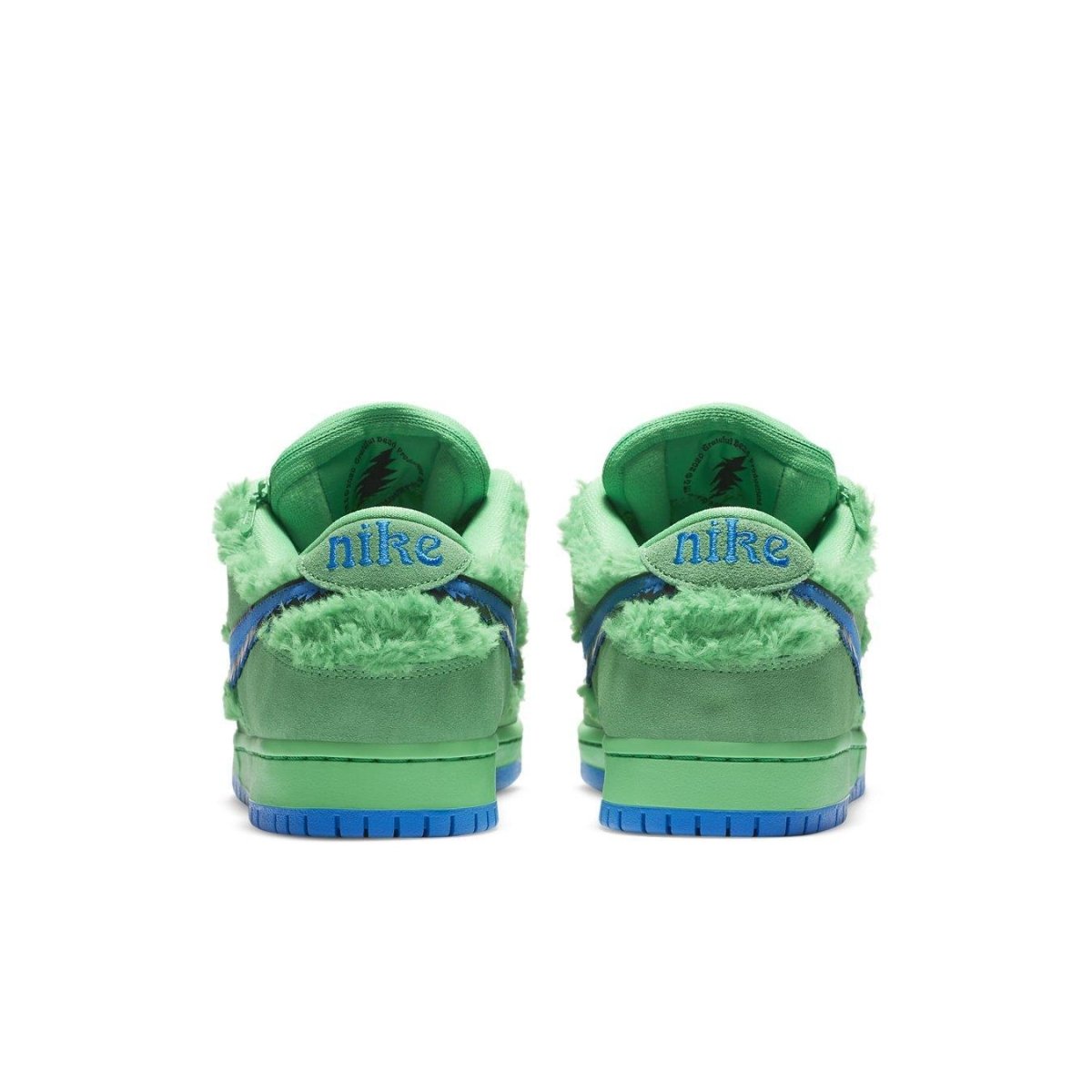 Nike SB Dunk Low Grateful Dead Bears Green sneakers, featuring fuzzy green upper and blue accents on the heel.