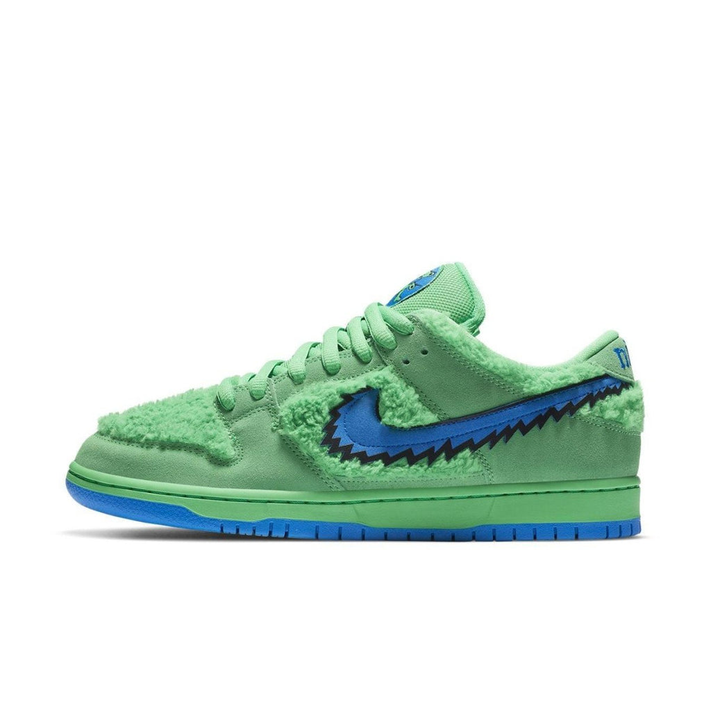 Nike SB Dunk Low Grateful Dead Bears Green sneaker with fluffy green upper and blue Swoosh.